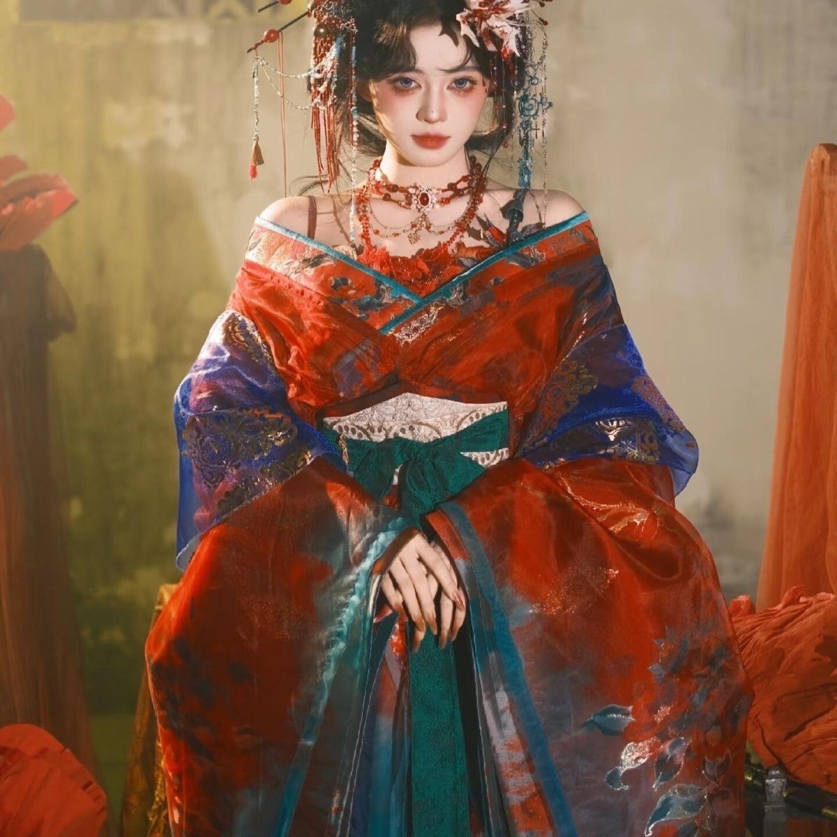Embroidery Dress - Gaun Hanfu Bordir Hitam Biru untuk