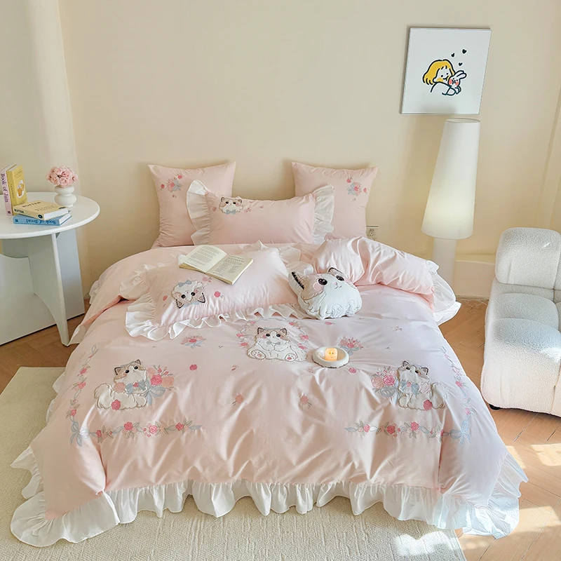 Embroidery Quilt Cover - Merah Muda Katun Murni Lucu Kartun
