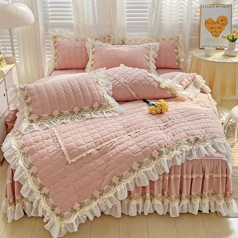 Embroidery Quilt Cover - Merah Muda Gaya Putri Korea Set